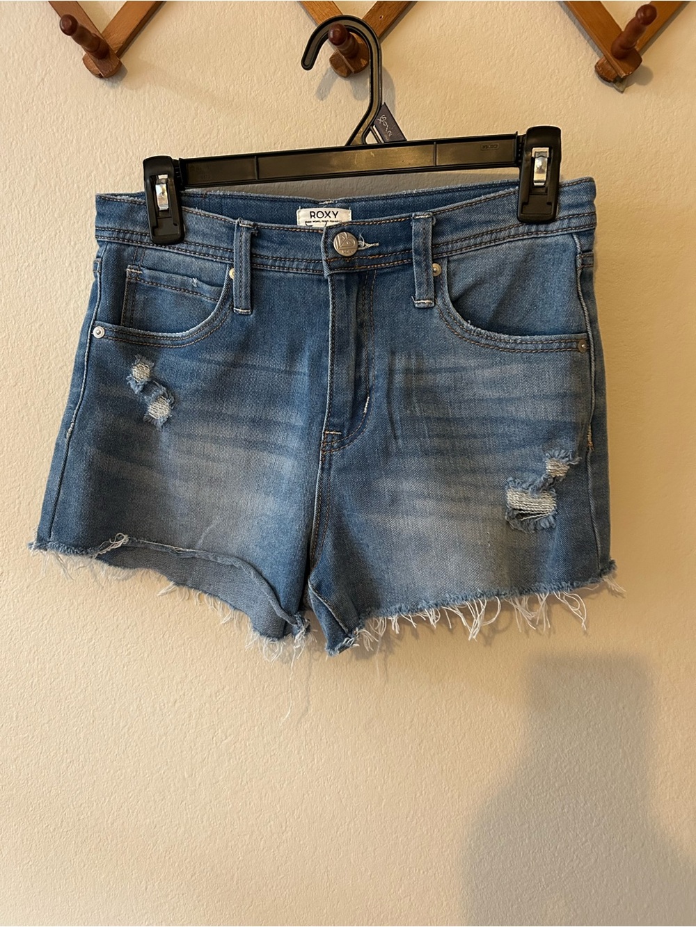 Roxy Frayed Hem Distressed Jean Shorts - Light Blue